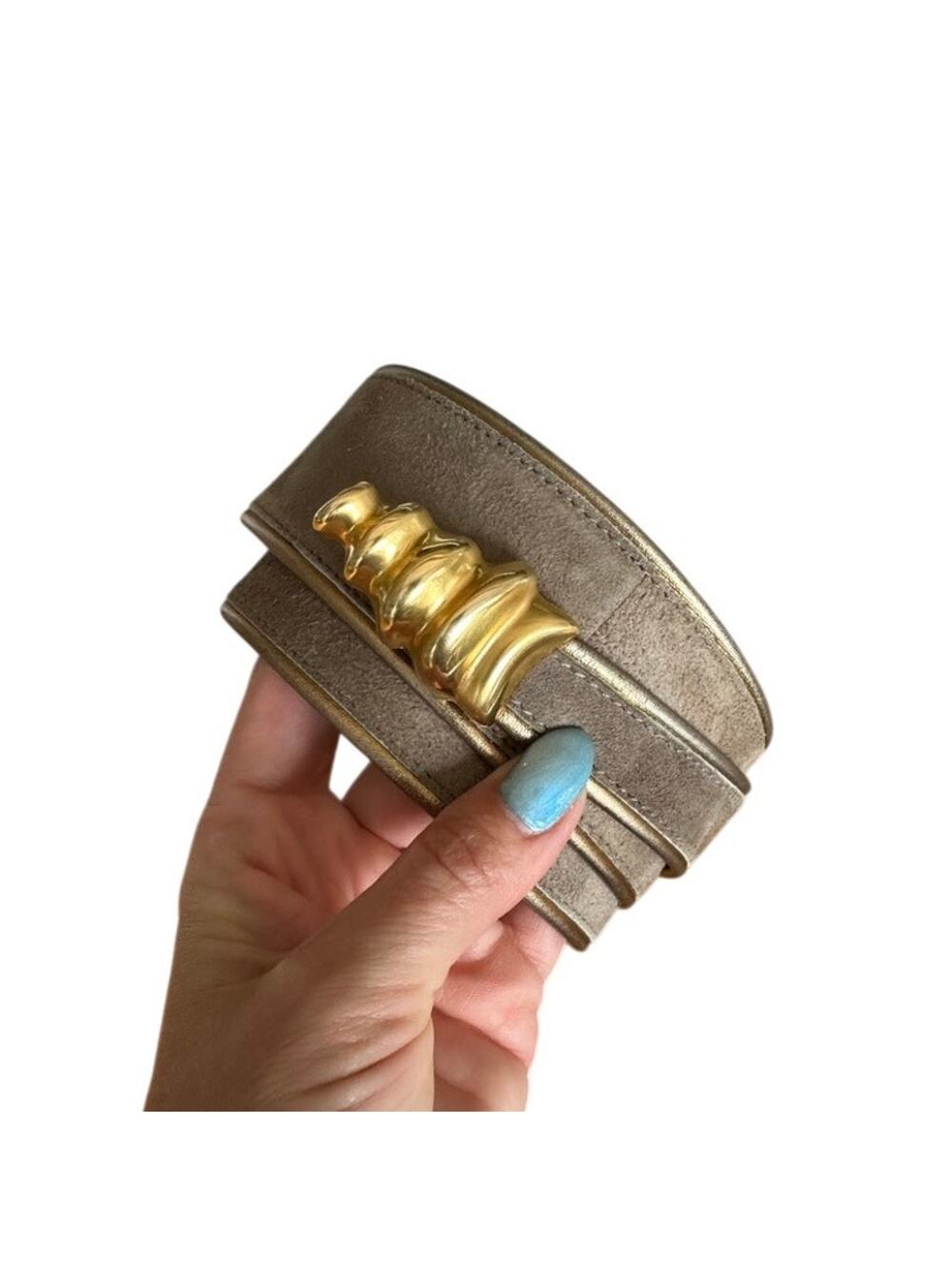 VTG Donna Karen Fashion Belt Suede Leather Gold Sculptural Buckle Italy Small